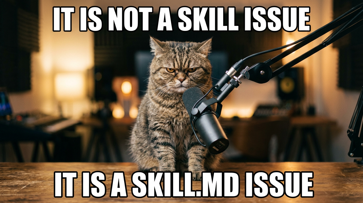 Cat behind a podcast mic: It is not a skill issue. It is a skill.md issue.